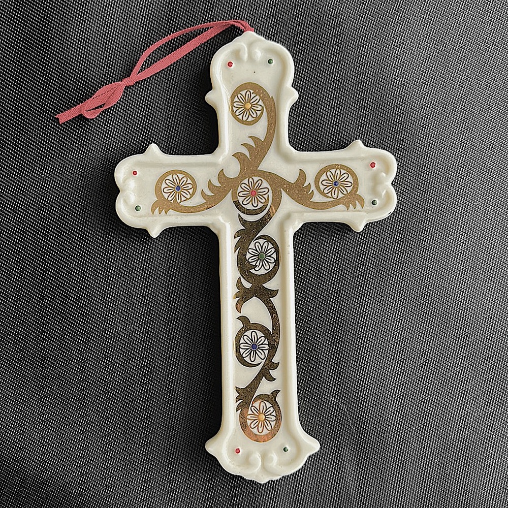 FORMALITIES by BaumBrothers,Porcelain Cross,wall hanging,gold daisies design.